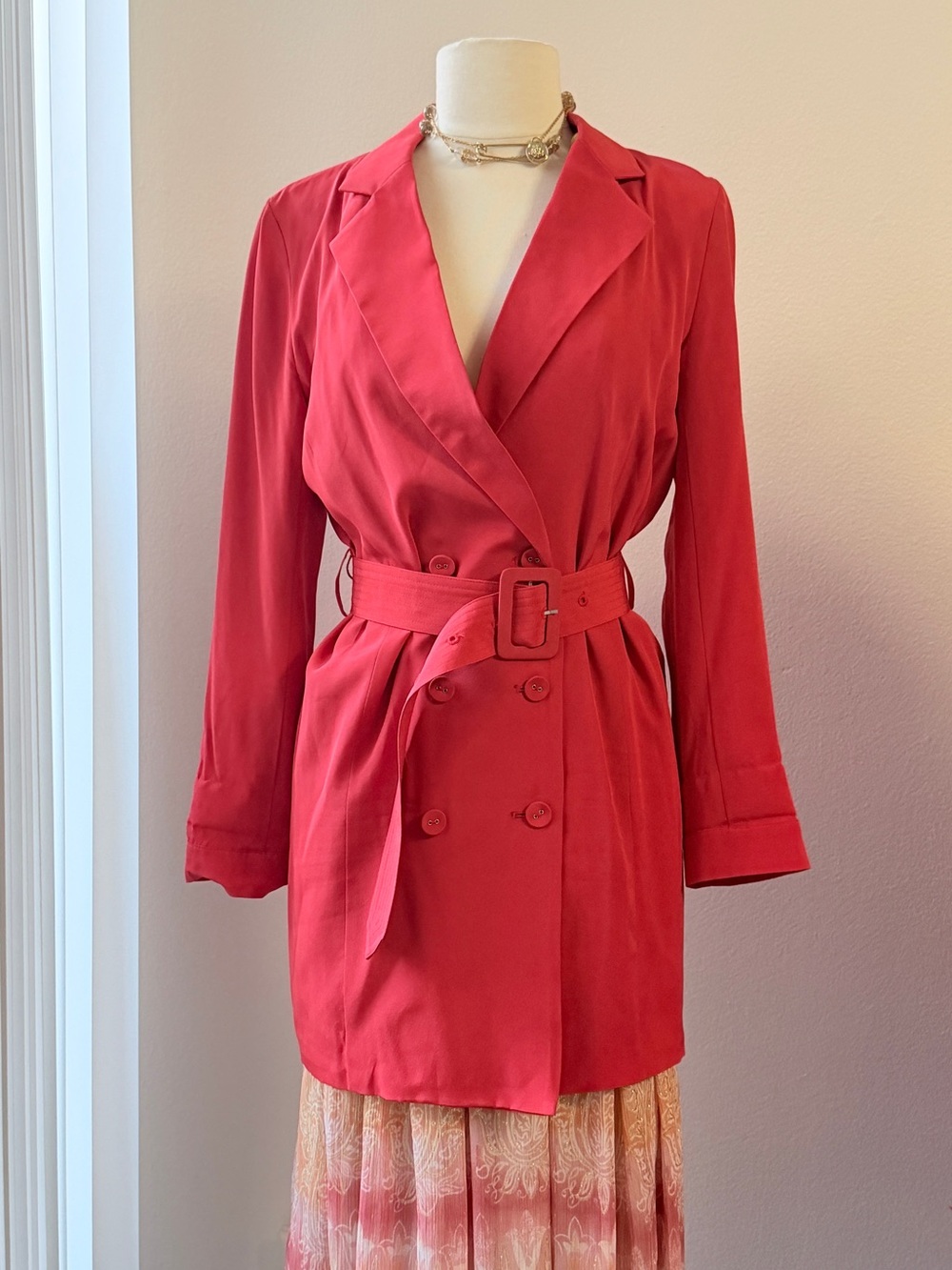 Fleur du Mal Belted Coral Double-Breasted Blazer Dress